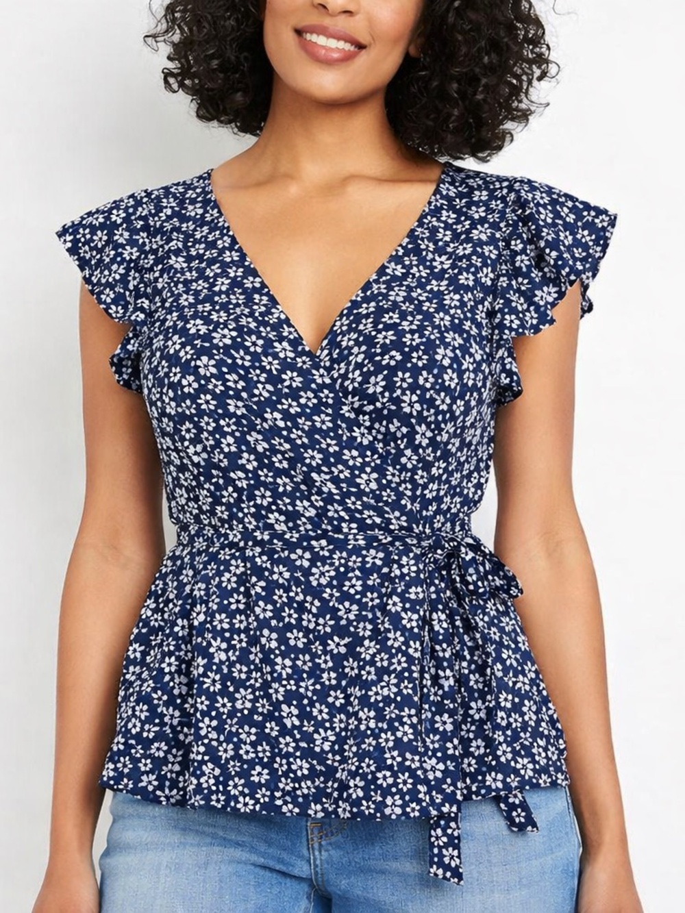Old Navy Blue Floral Wrap Blouse Small Flutter Sleeve Tie Waist